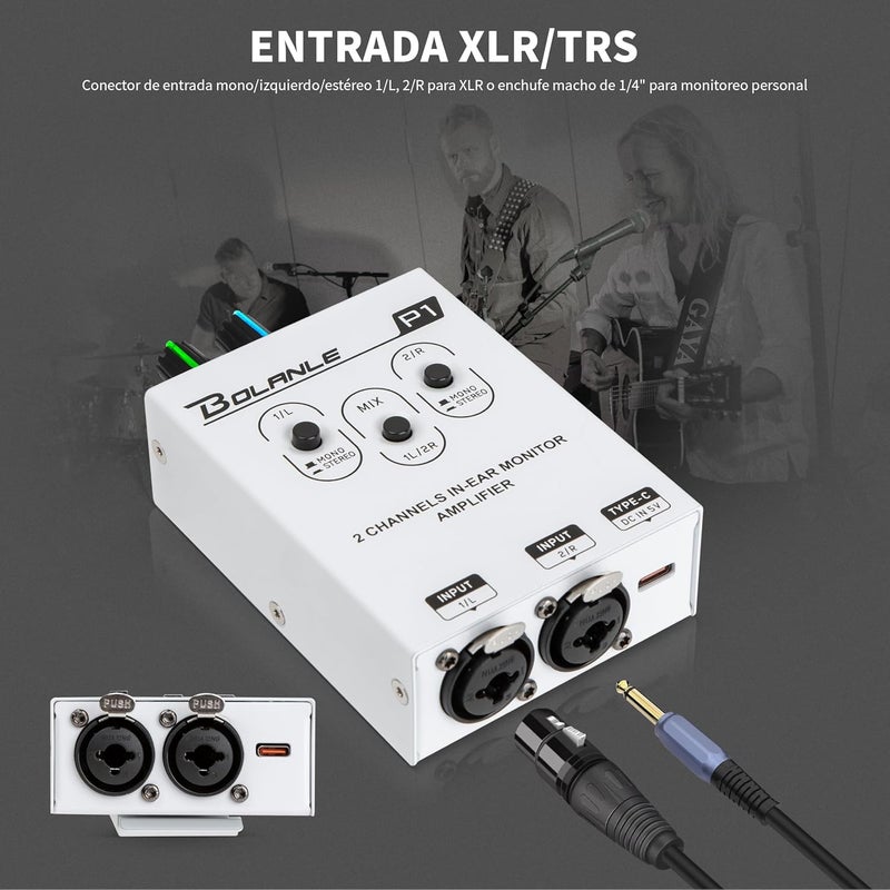 Bolanle P1 Portable in Ear Monitor Amplifier, Headphone Amp with XLR and TRS Input 3.5mm Output, Headphone Amplifier with Stereo/Mono Switch for Keyboardists, Drummers, Guitar (Dual Channel) - Image 5